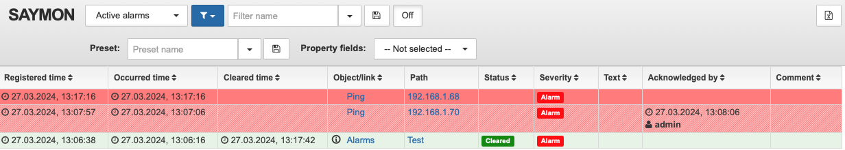 alarms list
